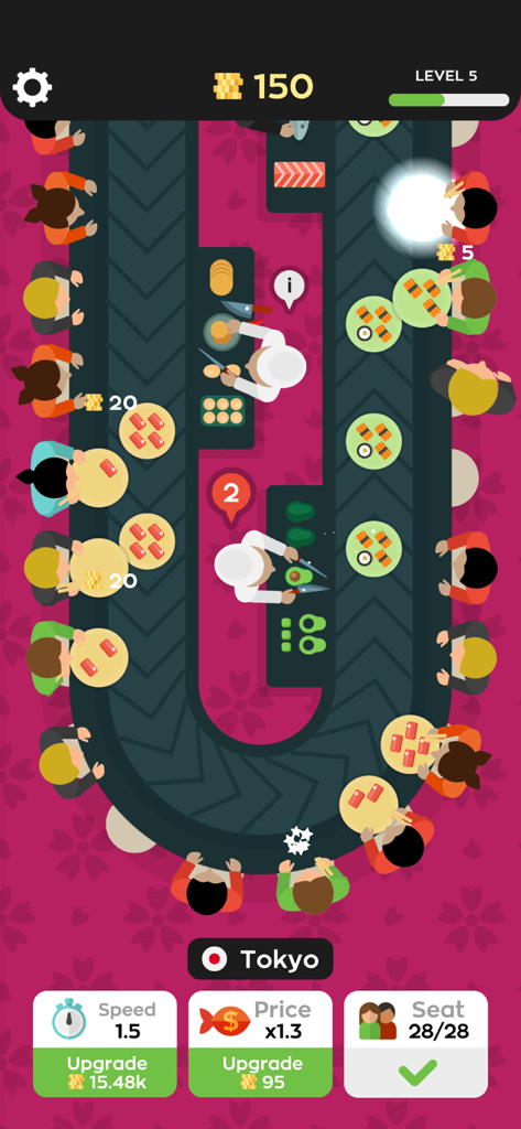 Gameplay screenshot of Sushi Bar Idle showing chefs preparing food on a conveyor belt for customers in Tokyo