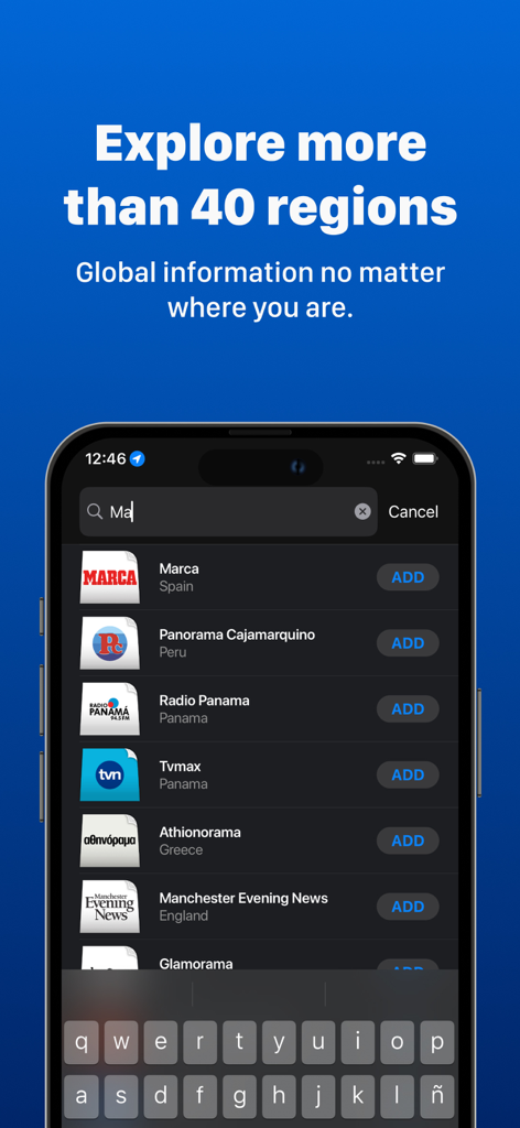 Interface do aplicativo Jornais Argentinos mostrando uma busca por fontes de notícias internacionais de mais de 40 regiões.