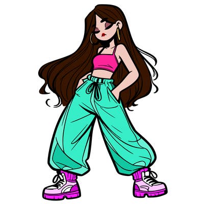girl in baggy pants crop top and long hair