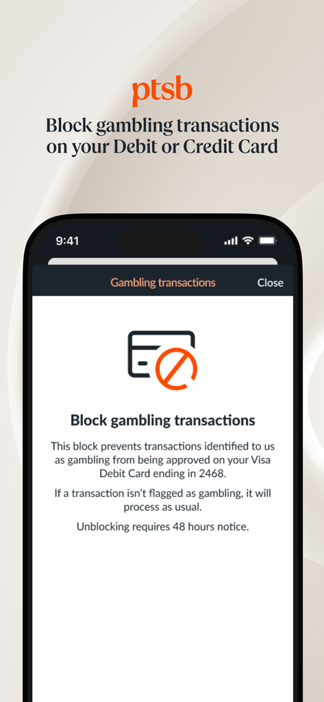 Interfaz de la app móvil PTSB que muestra la opción de bloquear transacciones de juego en una tarjeta de débito o crédito