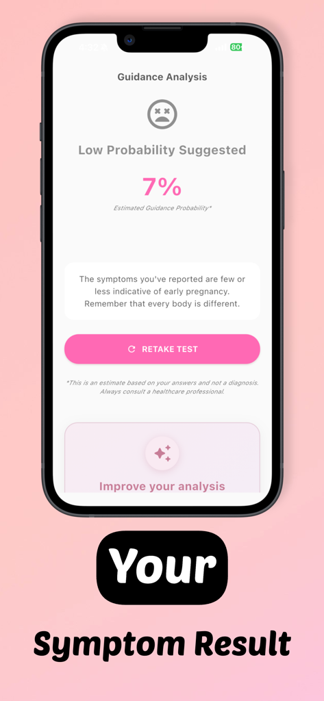 Pregnancy Test Checker Quiz - Pregnancy Test Checker quiz app showing a low probability result based on reported symptoms