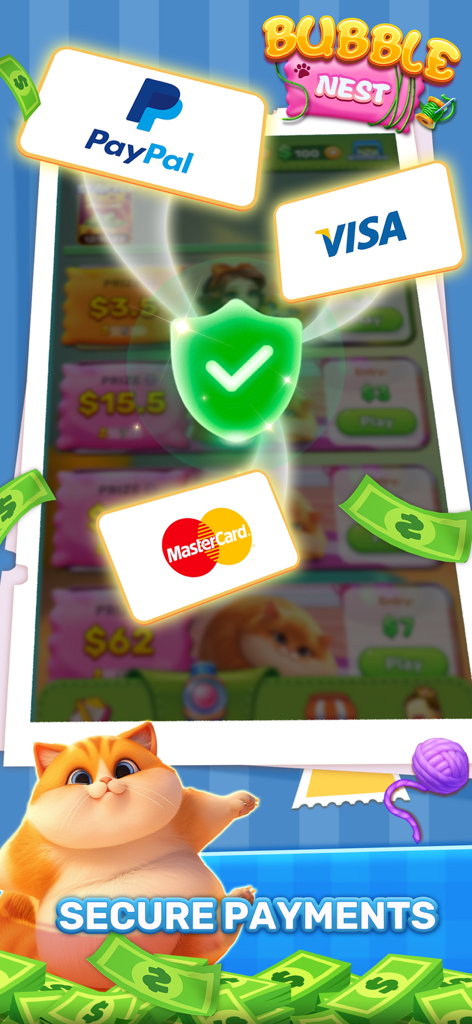 Secure payment methods including PayPal Visa and MasterCard in the Bubble Nest app