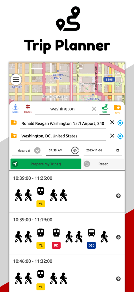 Interface do planejador de viagens do aplicativo Washington DC Transit mostrando opções de rota de metrô e ônibus