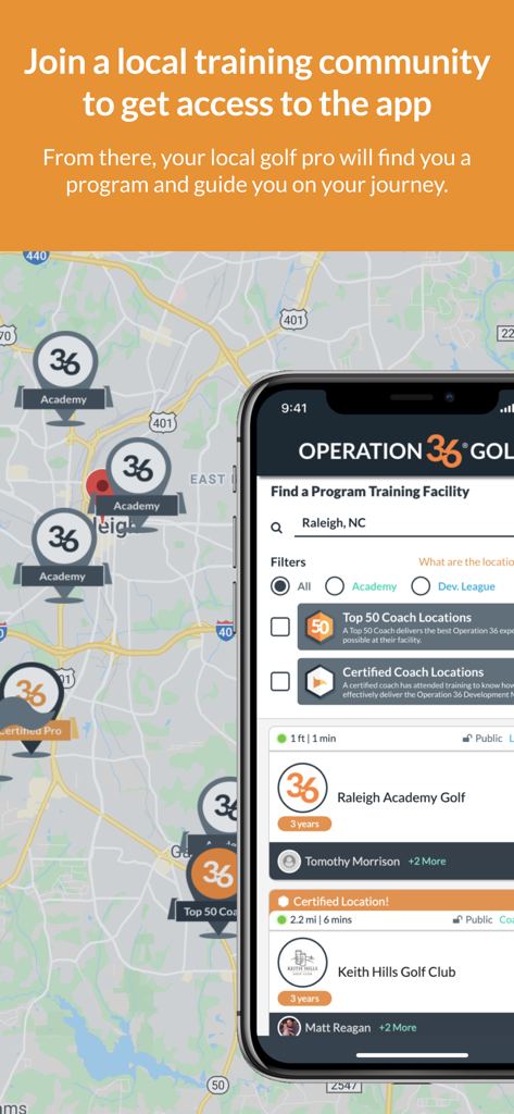 Op 36 Golf - Operation 36 Golf app interface showing a map of local academies and a search tool to find nearby training facilities and certified coaches.