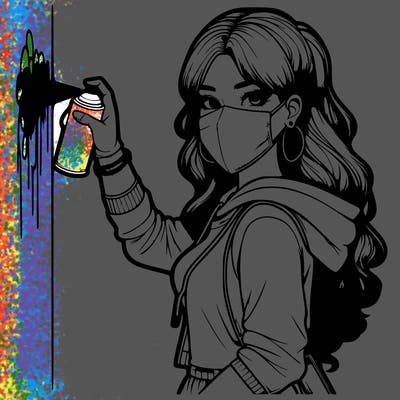 realistic girl with mask spray painting a wall