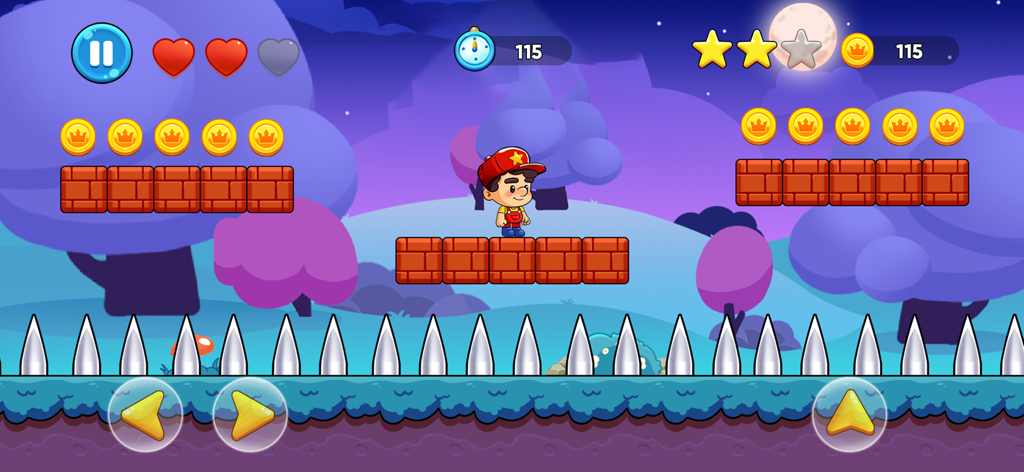 Max's World™ - Fun Adventure - Maxs World gameplay showing a character on a platform above spikes in a nighttime forest level with classic platformer controls.