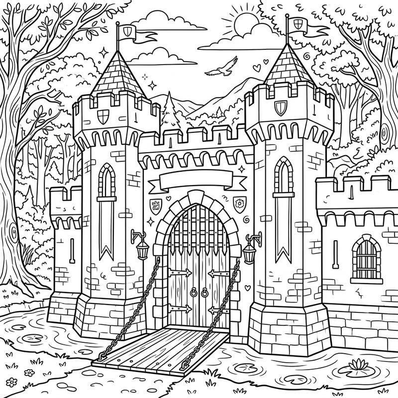 Step into a world of medieval fantasy with this detailed gatehouse castle coloring page, perfect for teens. Explore intricate architecture and lush natural surroundings as you bring this majestic fortress to life.