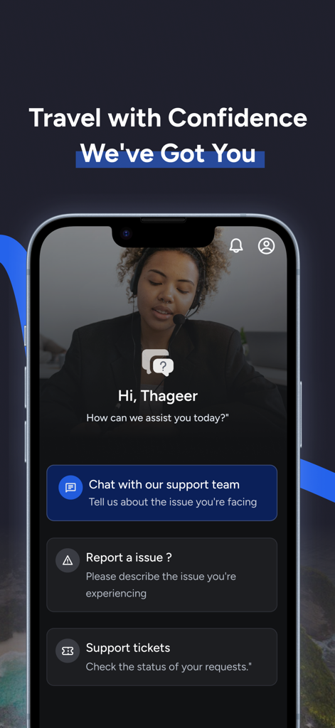 YourHoliday - YourHoliday app support screen featuring live chat and issue reporting options for travelers.