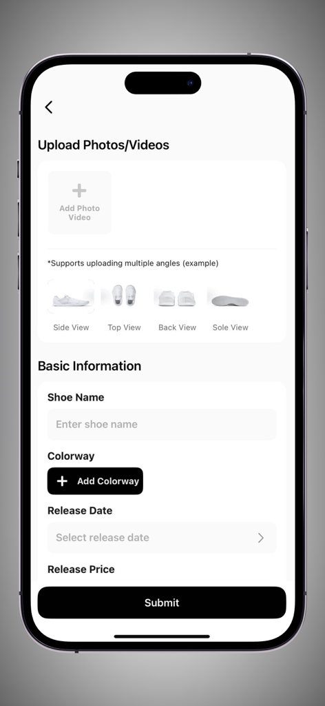 Vidani - Interfaz de la aplicación Vidani para subir fotos de zapatillas e introducir detalles básicos del calzado en una bóveda de colección digital