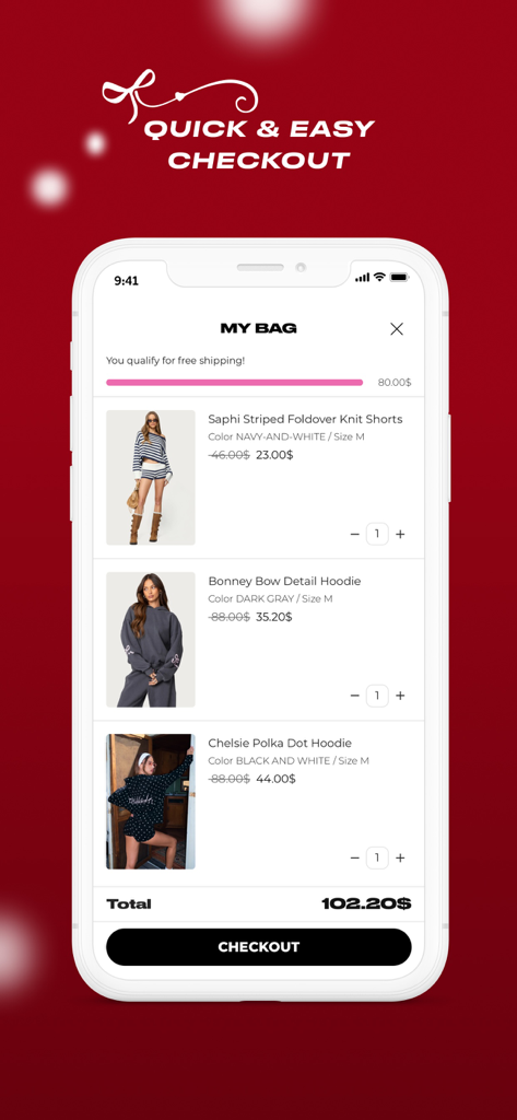 edikted - A smartphone screen showing the Edikted app shopping bag with trendy clothing items and a quick and easy checkout button on a red background.