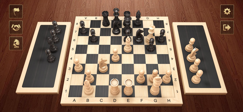 Chess - Chess Online - ゲームのコントロールアイコンと駒が配置された3D木製チェス盤