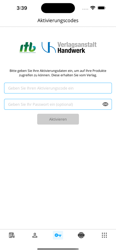 Betriebswirt HwO - Schermata di inserimento del codice di attivazione per l'applicazione mobile Betriebswirt HwO