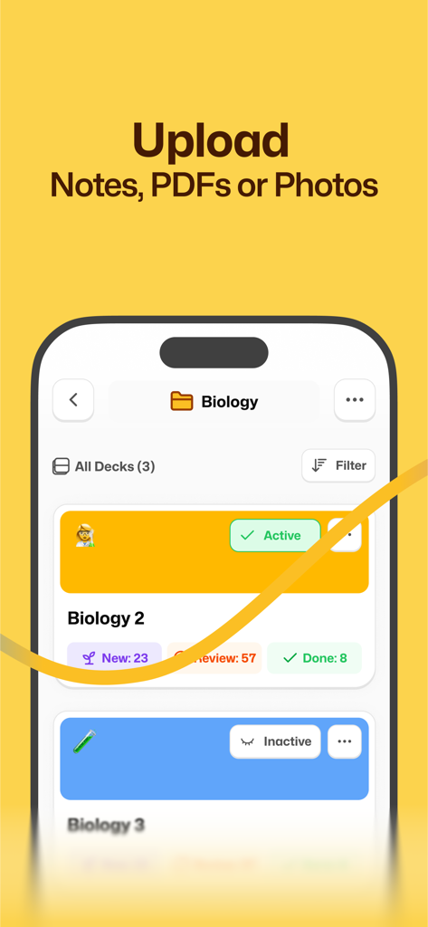 Interface of Flashka app showing the upload notes feature and biology study decks