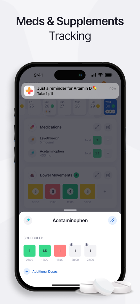 Effecto Symptom & Mood Tracker - Un smartphone mostrando la aplicación Effecto con funciones de seguimiento de medicación y una notificación de recordatorio de Vitamina D