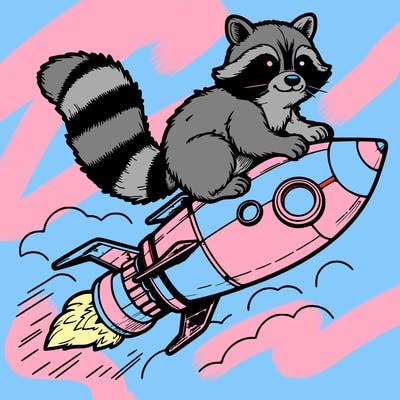 realistic raccoon flying on top rocket ship
