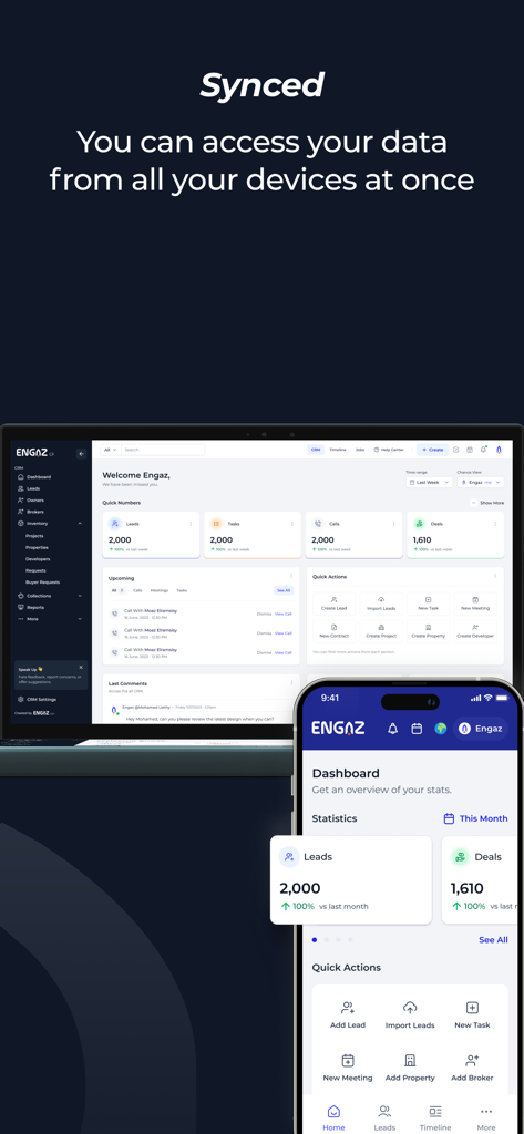 Tableau de bord Engaz CRM synchronisé sur des écrans d'ordinateur portable et de téléphone mobile