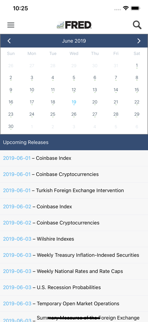 FRED Economic Data - Una vista de calendario en la aplicación FRED Economic Data que muestra los próximos lanzamientos e informes de datos económicos.