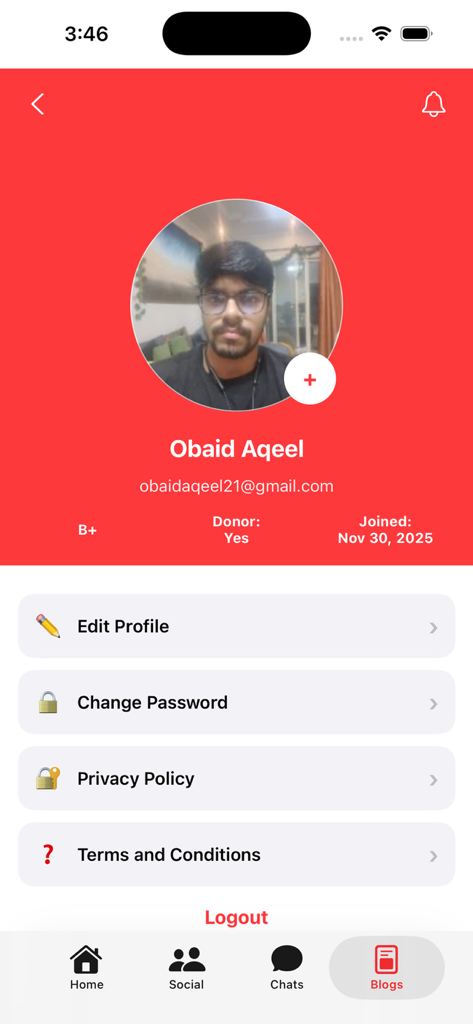 Geoblood - Blood Donation - Tela de perfil de usuário no aplicativo Geoblood mostrando informações do doador e configurações da conta