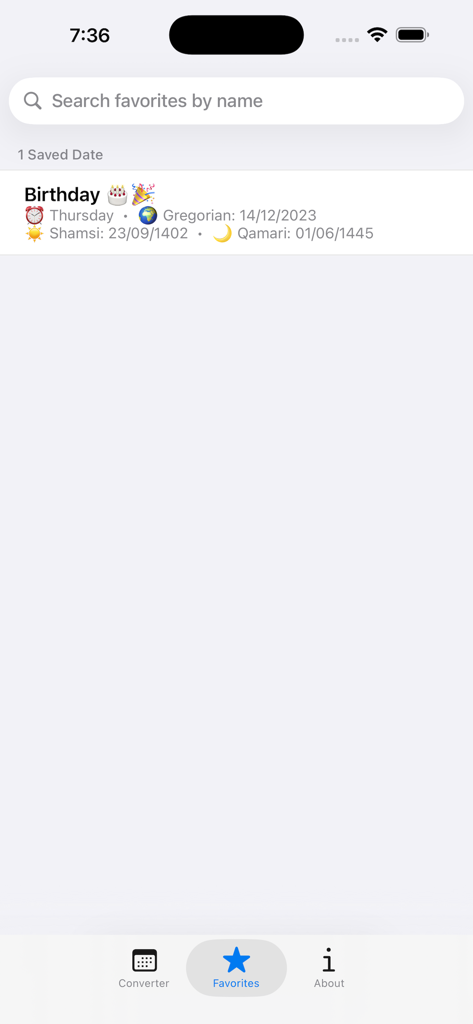 Afghan Calendar Converter - Afghan Calendar Converter favorites screen displaying a saved birthday in Gregorian Shamsi and Qamari calendars