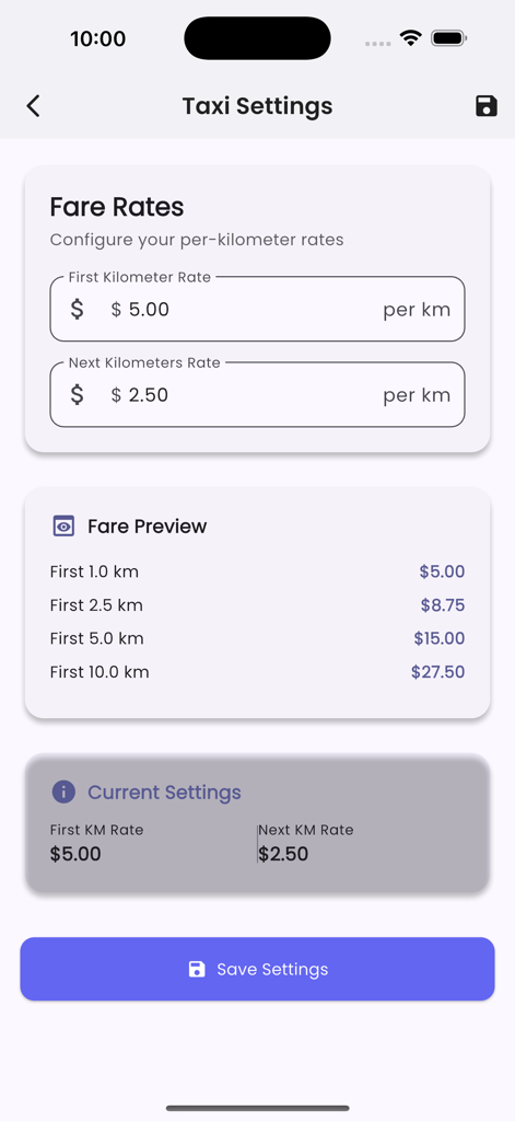 Interface de Speed Meter Pro affichant les paramètres de tarif de taxi avec des tarifs personnalisables au kilomètre et un tableau d'aperçu des tarifs.