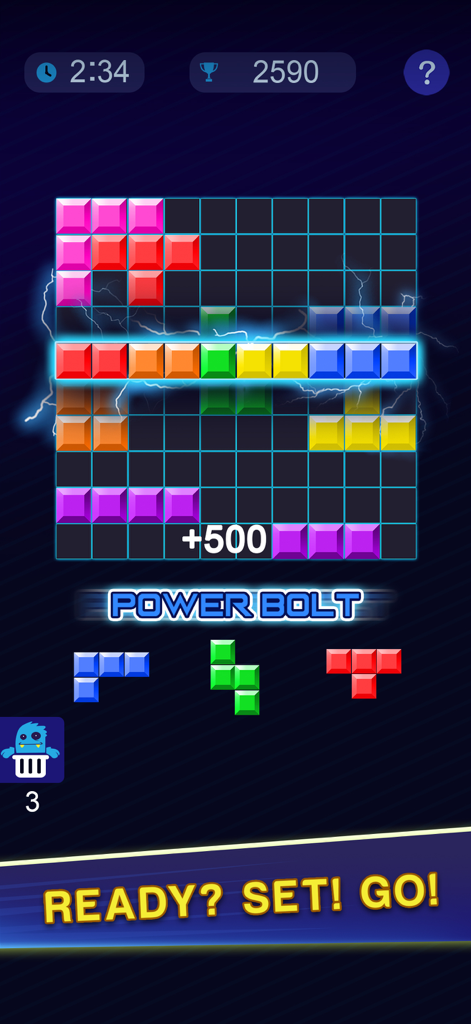 Interfaz del juego de puzles Block Blitz mostrando un efecto de limpieza de línea Power Bolt y un contador de puntuación durante una partida