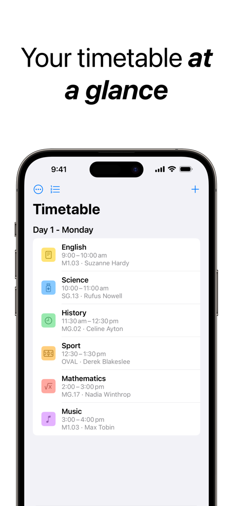 Ein Screenshot der Schooly-App, der einen täglichen Schulstundenplan mit Fächern und Unterrichtszeiten auf einem iPhone zeigt.