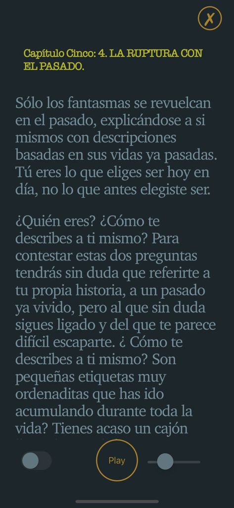 Tus Zonas Erróneas - Interface of the Tus Zonas Erroneas app showing Spanish text from chapter five with a play button for the audiobook version
