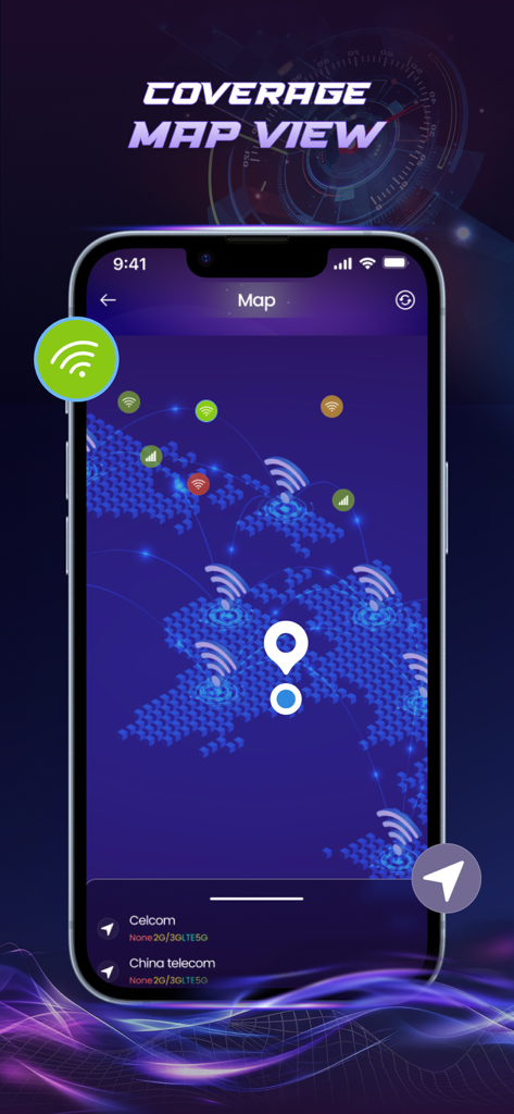 Internet Speed Test & Analyze - Schermata dell'app iPhone che mostra una mappa di copertura di rete con icone Wi-Fi e segnale