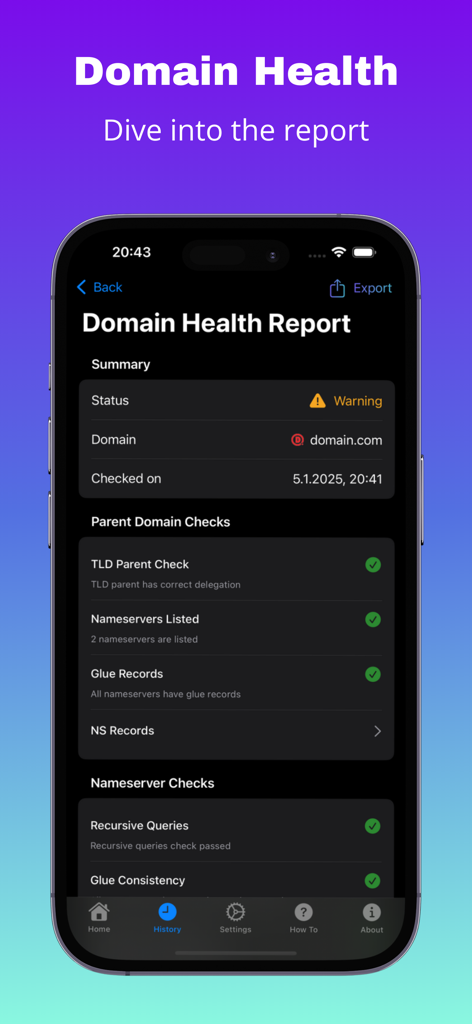 Interface do aplicativo Saúde do Domínio mostrando um relatório detalhado de saúde de DNS com status de resumo e verificações de domínio pai técnicas.
