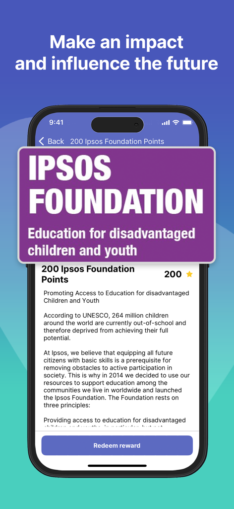 Tela do aplicativo móvel mostrando a opção de resgatar pontos de pesquisa como doação para a Fundação Ipsos para educação.