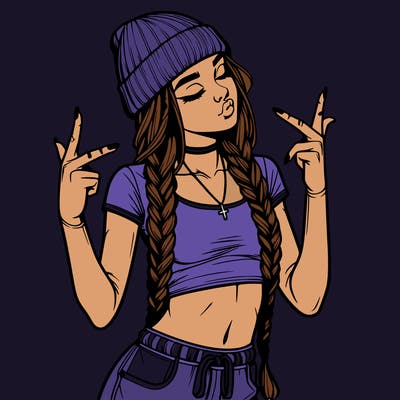 realistic teenage girl with braids and a beanie and crop top doing 🫶🏼