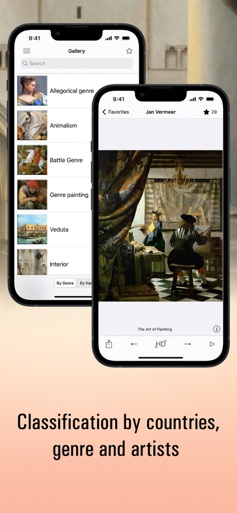 アートジャンルとヨハネス・フェルメールによる高精細な絵画を表示するBaroque HDアプリギャラリーの2台のスマートフォン。