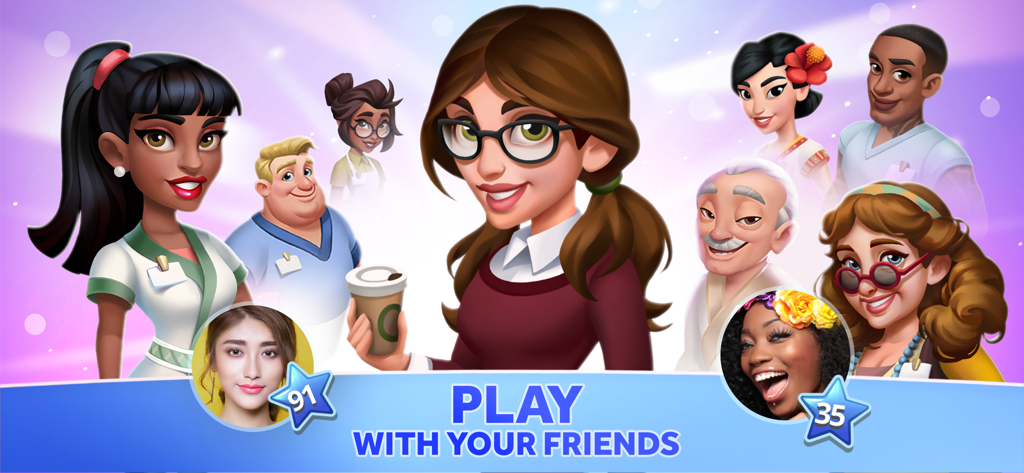 Des personnages de jeu divers et des icônes de profil social avec le texte Jouez avec vos amis