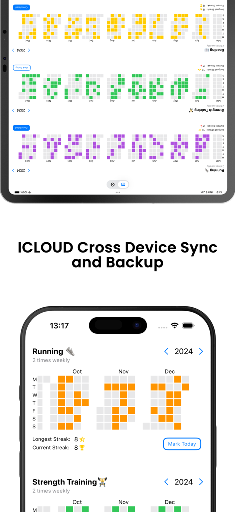 Habit Heatmap - Habit Heatmap interface showing iCloud cross-device sync and progress grids on iPhone and iPad.