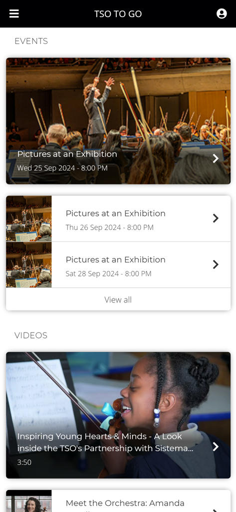 My TSO - La interfaz de la aplicación móvil Mi TSO que muestra eventos de conciertos y categorías de video.