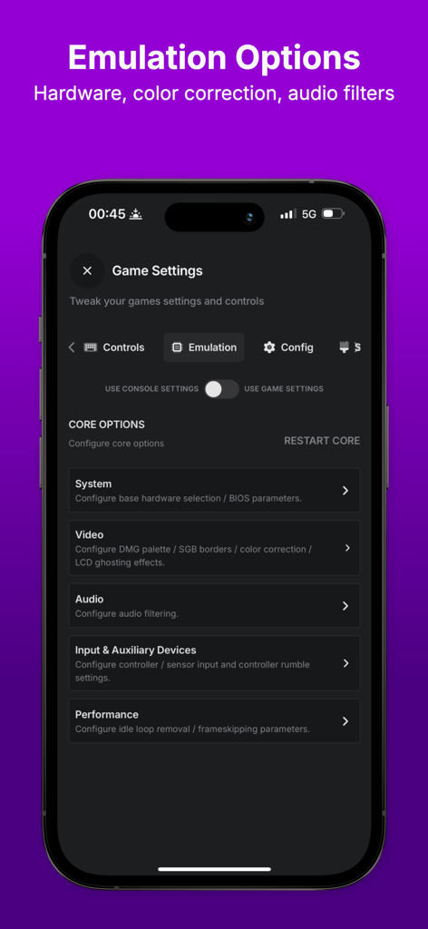 Afterplay - Game Emulator - Settings menu in the Afterplay game emulator app showing various emulation options for hardware and performance