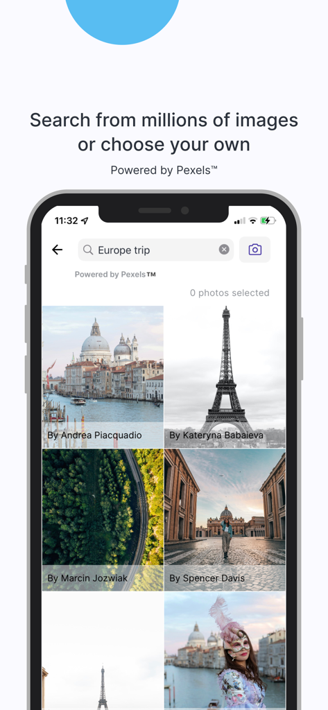 Visbo Dream Vision Board Maker - Visbo app screen showing a search for Europe trip photos to create a digital vision board.