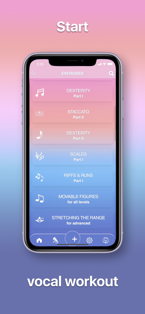 VocalEx-Vocal Exercises - VocalEx app screen showing a list of vocal exercises including dexterity, staccato, scales, and riffs and runs.