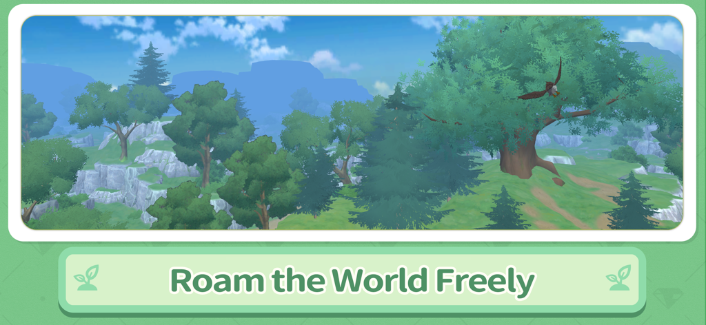 MORIKOMORI LIFE - Bosque verde exuberante y paisaje montañoso con un águila en el mundo de MORIKOMORI LIFE inspirado en el anime.