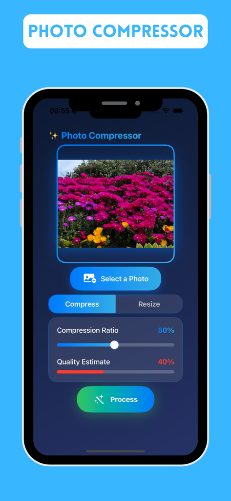 Photo Compressor: Resize Image - iPhone-Oberfläche der Foto-Kompressor-App mit Einstellungen zur Bildkomprimierung, einem Schieberegler und einer Vorschau eines Blumenfeldes.
