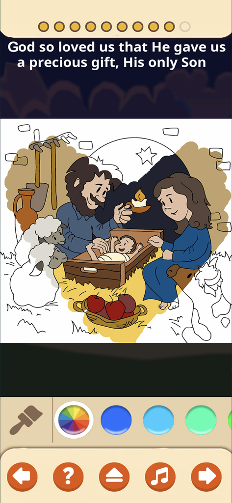Interactive Nativity scene coloring page for children in the SunScool Bible app.