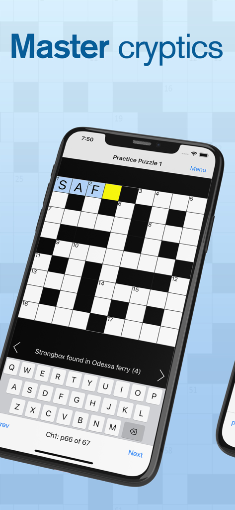 Learn Cryptic Crosswords - A smartphone screen displaying a practice cryptic crossword puzzle grid with a clue and digital keyboard