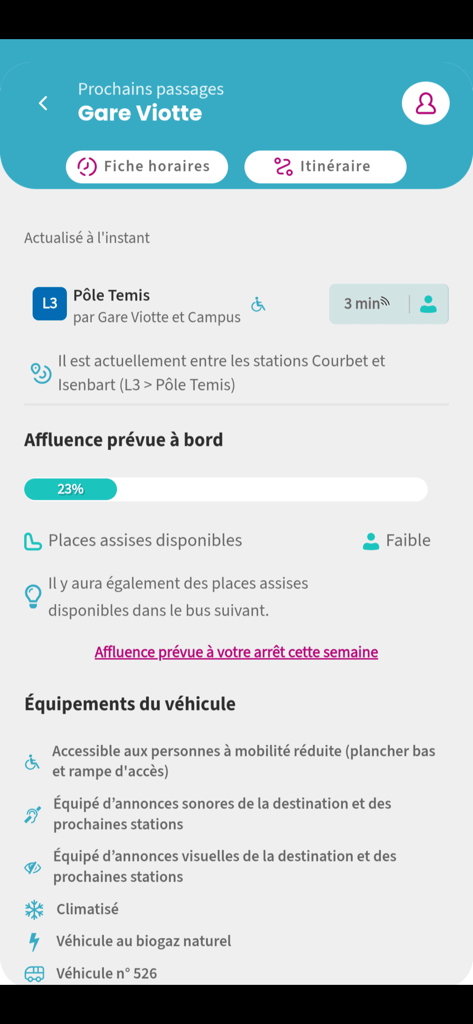 Ginko Mobilités - Application Ginko Mobilites affichant les temps d'arrivée des bus en temps réel et les niveaux d'affluence
