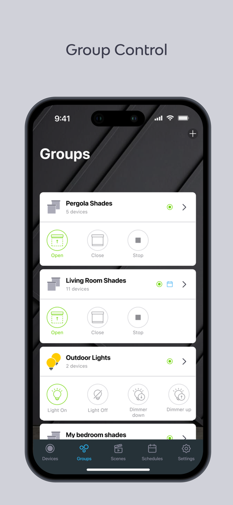 Bond Home app screen showing group control for shades and lights