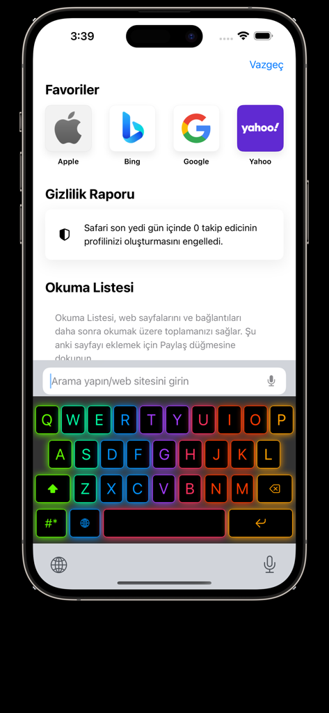 RGB Keyboard - RGB Keyboard app with multicolored neon keys on an iPhone