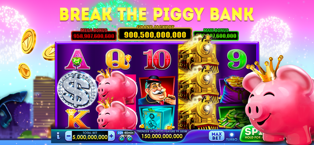 Lucky Time Slots casino game interface featuring the Break the Piggy Bank slot machine and massive jackpots.
