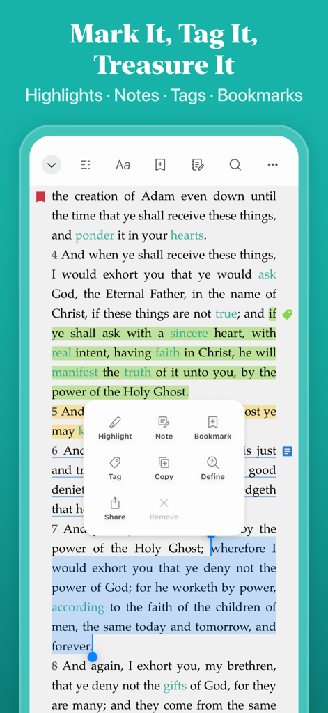 Mobile interface of the Deseret Bookshelf app showing text highlighting and note-taking tools for gospel study