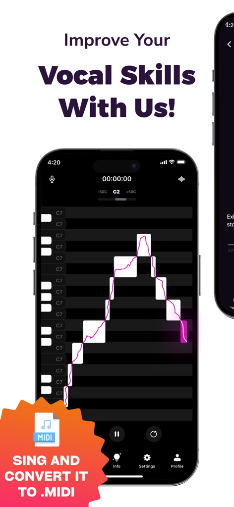 Mobile app interface showing a real-time vocal pitch graph and a promotional badge for MIDI file conversion.