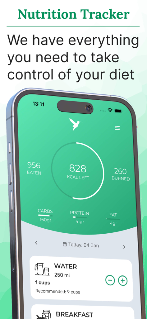 Painel do aplicativo Rastreador de Nutrição mostrando calorias diárias consumidas e queimadas com detalhamento de macronutrientes e ingestão de água