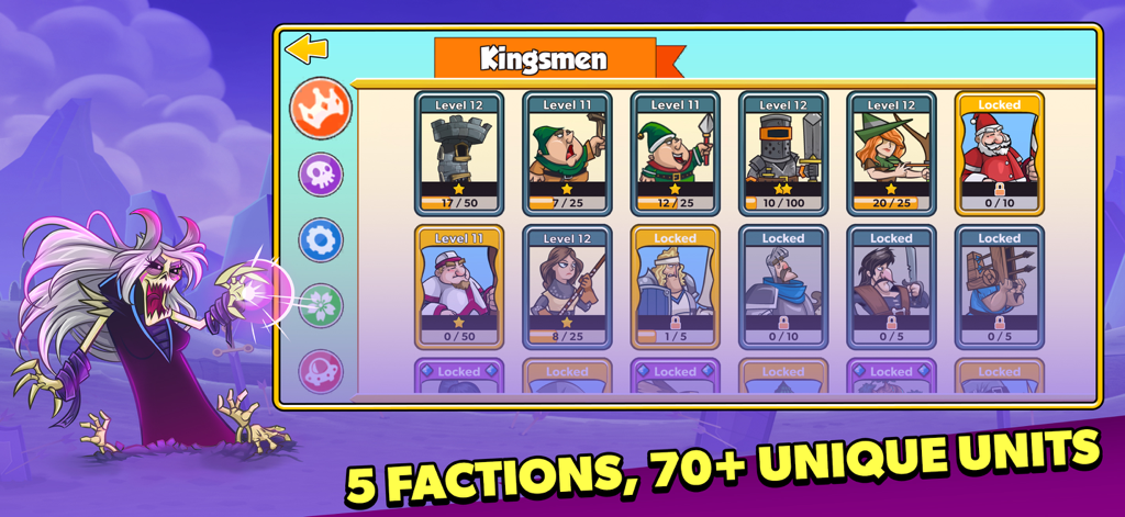 Tower Conquest Kingsmen faction character collection screen with various unit cards and levels
